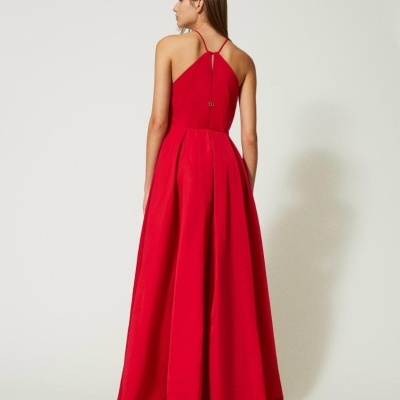 Red taffeta halter gown