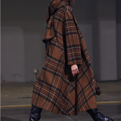 Brown Checked Wool Coat