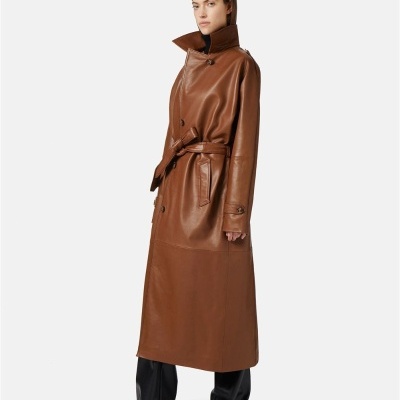 Cognac Brown Leather Trench Coat