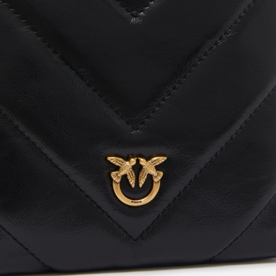 Small flat shoulder pouch in chevron-patterned leather