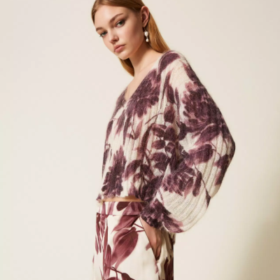 Mohair blend jumper with floral print