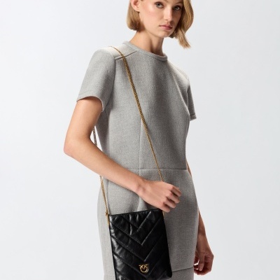 Small flat shoulder pouch in chevron-patterned leather