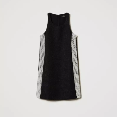 Short mat-effect texture dress with pearls