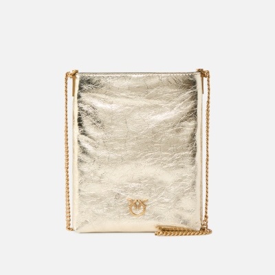 Flat laminated leather bucket bag with shoulder strap