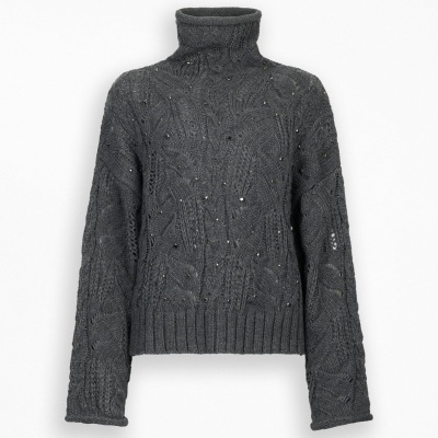 Camisola cinzenta de malha com gola alta e lantejoulas