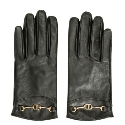 Black faux-leather gloves with gold detail