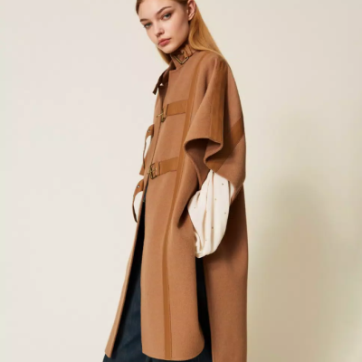 Camel Wool Cape with Faux Leather Details