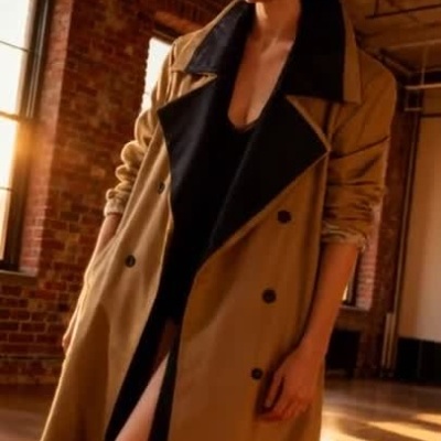 Double camel trench coat with black leather