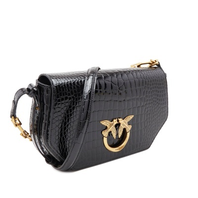 Mala preta com textura imitação crocodilo e detalhe dourado de pássaros.