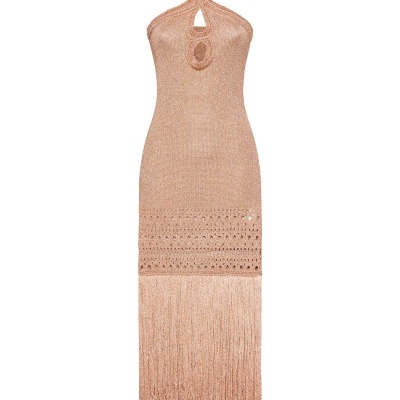 Lurex Knit Dress with Maxi Fringe