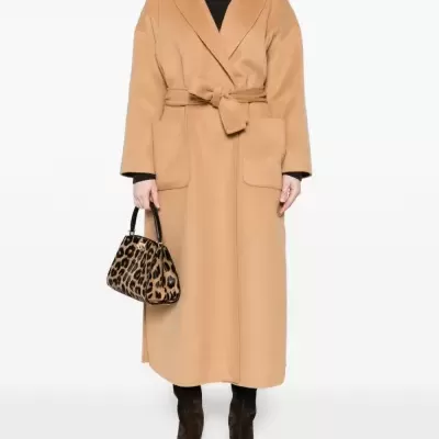 Camel wool-blend belted coat