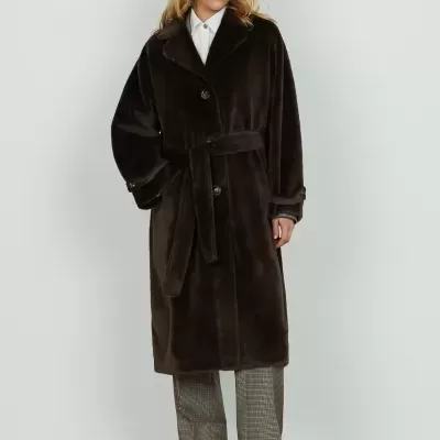 CHAMLET Long Faux-Fur Coat in Chocolate Brown
