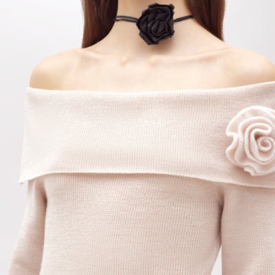 Off-shoulder Wool Dress With Brooch