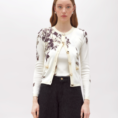 Cardigan And Flower Print Top - set