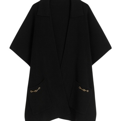 Black Knit Poncho with Gold Details