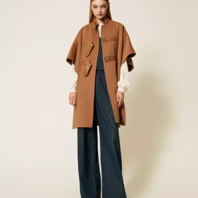 Camel Wool Cape with Faux Leather Details
