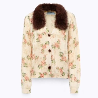 Printed Cardigan With Faux Fur Collar