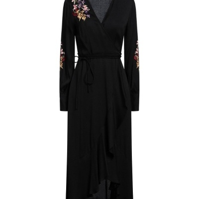 Black wrap dress with floral embroidery