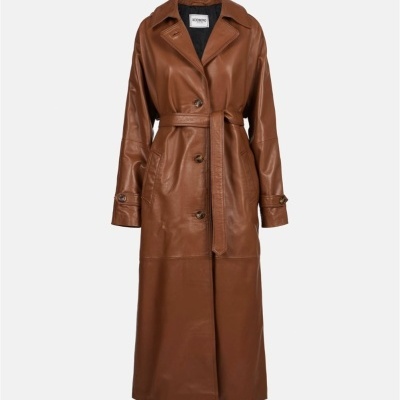Cognac Brown Leather Trench Coat