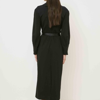 Black high-neck midi dress.