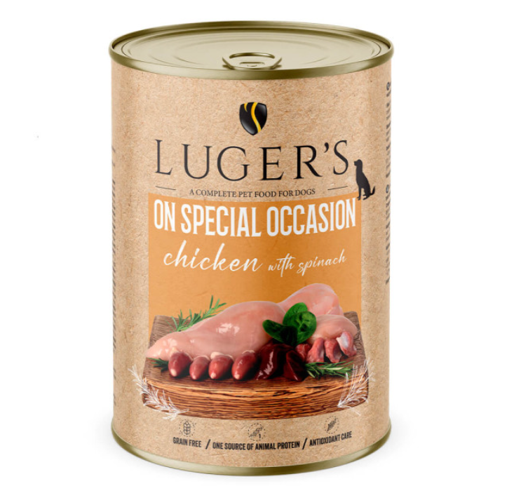 Luger's On Special Occasion - Alimento húmido para cão adulto - 100% frango com espinafres - 6 x 400 g Luger's On Special Occasion - Alimento húmido para cão adulto - 100% frango com espinafres - 6 x 400 g
