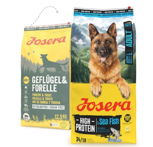 Josera Grainfree - Ração para Cão Adulto - Aves e Truta com Batata Doce - 4,5 kg - pack econômico disponível Sacos de ração para cães Josera com textos e imagem de cão pastor alemão