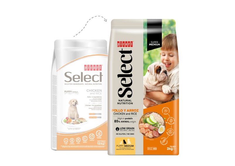 Picart Select Premium Puppy Medium - Frango e Arroz - 3 kg -opção de pack econômico Dois sacos de ração para cães da marca Select, um branco com laranja e outro branco com laranja e preto.