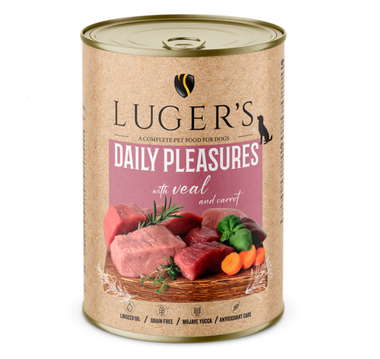 Luger's Daily Pleasures - Alimento húmido para cão adulto - Vitela e cenoura - 6 x 400 g Luger's Daily Pleasures - Alimento húmido para cão adulto - Vitela e cenoura - 6 x 400 g