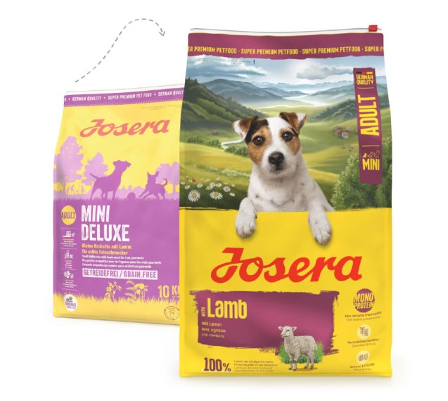 Josera Mini Deluxe - Ração Seca Sem Cereais para Cão Adulto Mini - 4,5 kg - pack econômico disponível Embalagens de ração para cães Josera Mini Deluxe e Josera Lamb Adult Mini, amarelas e lilás