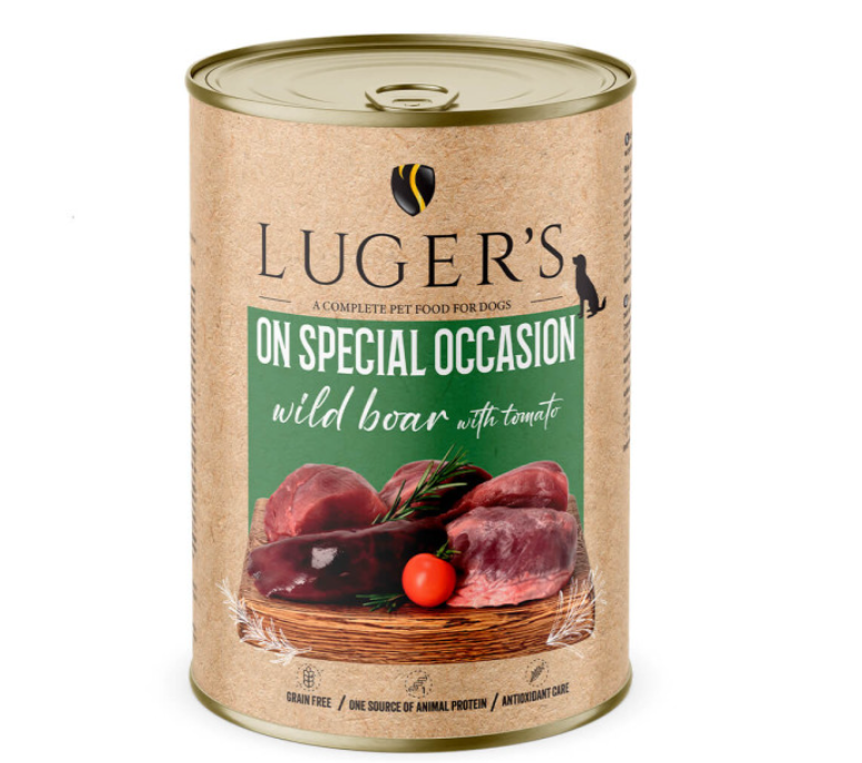 Luger's On Special Occasion - Alimento húmido para cão adulto - 100% Javali com tomate - 6 x 400g Luger's On Special Occasion - Alimento húmido para cão adulto - 100% Javali com tomate - 6 x 400g