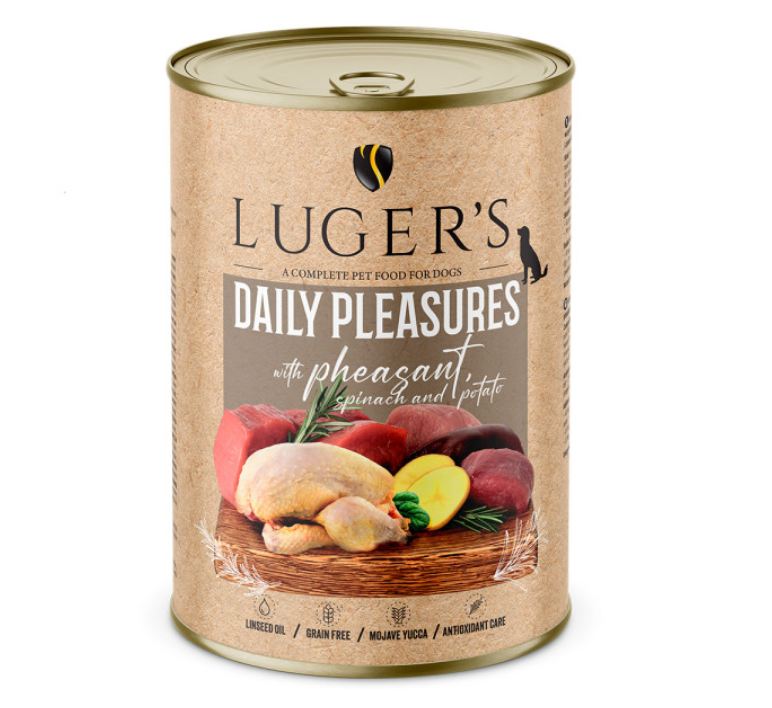 Luger's Daily Pleasures - Alimento húmido para cão adulto - Faisão, espinafres e batata - 6 x 400 g Luger's Daily Pleasures - Alimento húmido para cão adulto - Faisão, espinafres e batata - 6 x 400 g