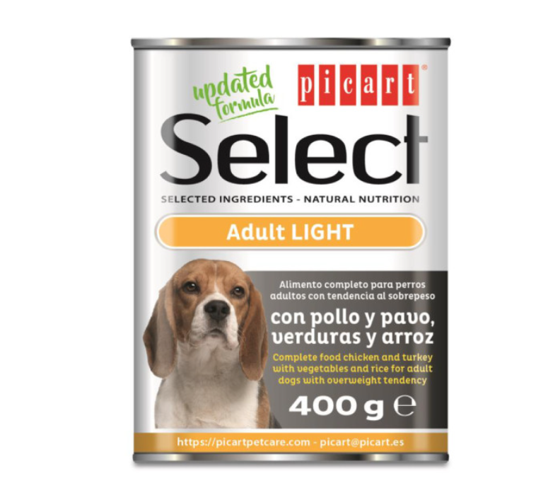 Picart Select Patê Húmido para Cão Adulto Light - Peru e Frango - 12 x 400 g Lata de comida para cães Picart Select Adult LIGHT com imagem de cão Beagle