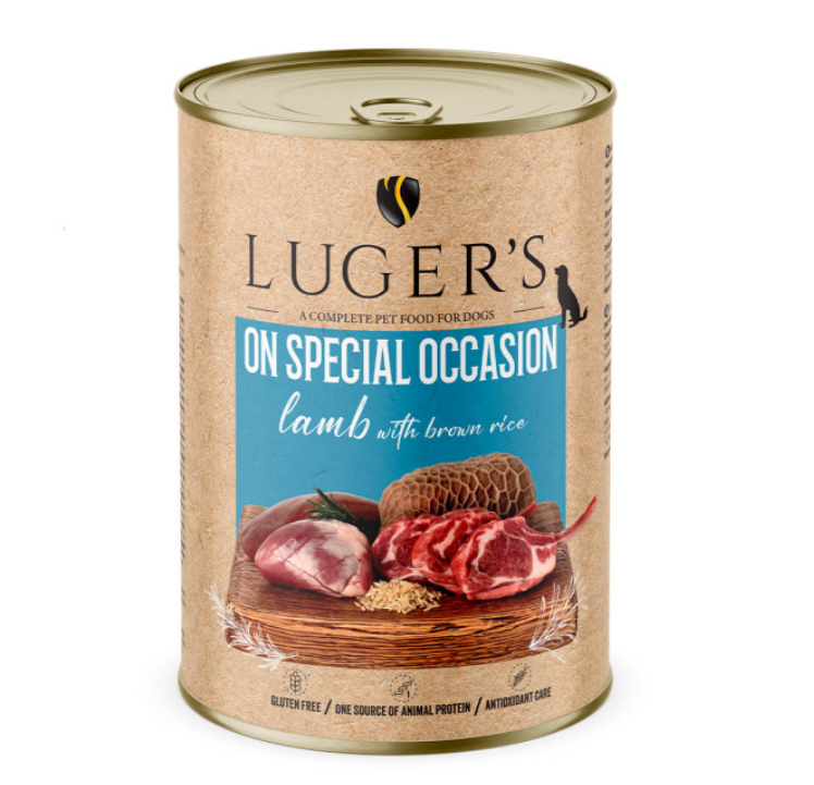 Luger's On Special Occasion - Alimento húmido para cão adulto - 100% Borrego com arroz integral . 6 x 400 g Lata de comida para cães Luger’s cordeiro com arroz castanho