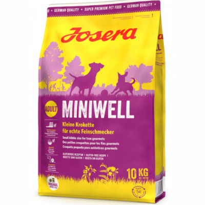 Saco de ração para cães Josera Miniwell Adult amarelo e roxo com texto e imagens de cães