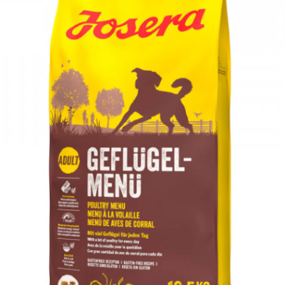 Saco de ração para cães adulto Josera Geflügel-Menü amarelo e castanho com texto
