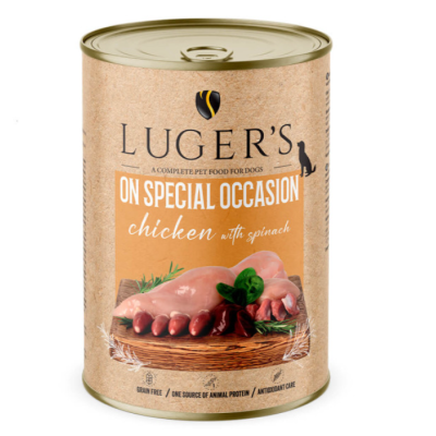 Luger's On Special Occasion - Alimento húmido para cão adulto - 100% frango com espinafres - 6 x 400 g Luger's On Special Occasion - Alimento húmido para cão adulto - 100% frango com espinafres - 6 x 400 g
