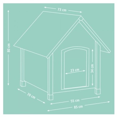 Desenho técnico de casota para cães com medidas em centímetros.