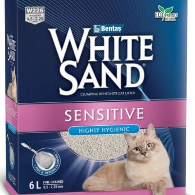 Embalagem de areia para gatos White Sand Sensitive com imagem de gato e design azul e rosa