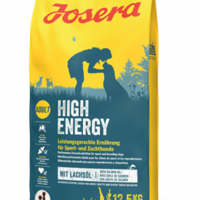 Saco de ração para cães Josera Adult High Energy 12,5 kg amarelo e azul com imagem pessoa e cão
