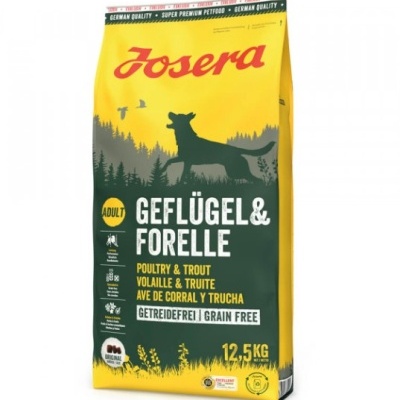 Saco de ração para cães Josera Adult Geflügel & Forelle, amarelo e verde, 12,5 kg
