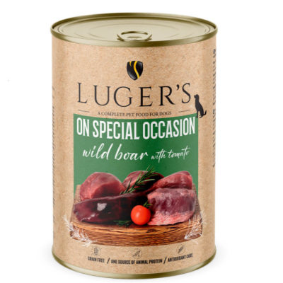 Luger's On Special Occasion - Alimento húmido para cão adulto - 100% Javali com tomate - 6 x 400g Luger's On Special Occasion - Alimento húmido para cão adulto - 100% Javali com tomate - 6 x 400g