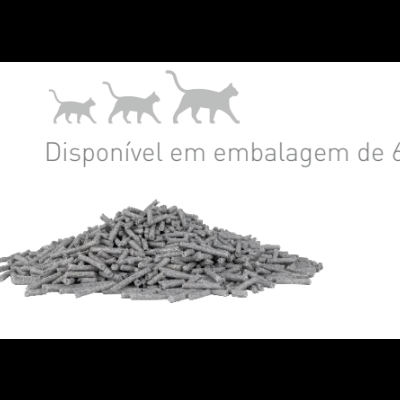 Pellets cinza sobre fundo branco com texto disponível em embalagem de 6 L e silhuetas de gatos em cinza
