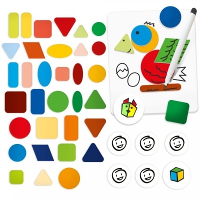 Formas geométricas coloridas magnéticas e placa branca com desenhos e caneta