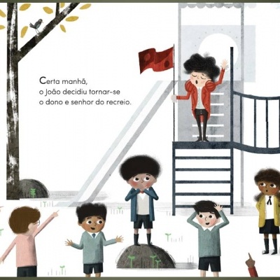 Ilustração crianças no parque com escorrega e texto em português