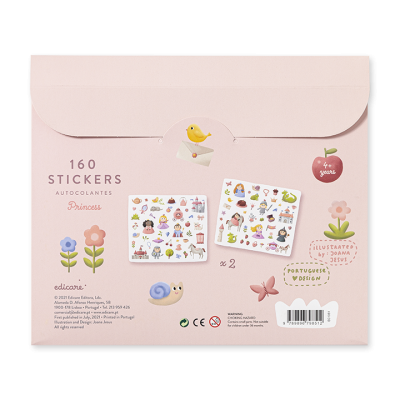 Pacote rosa com 160 autocolantes Princess e várias figuras coloridas.