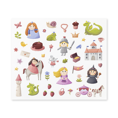 Autocolantes de conto de fadas com princesas, cavaleiros e criaturas fantásticas