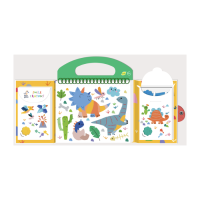 Conjunto de desenhos infantis coloridos com dinossauros e plantas, em embalagem com pega verde