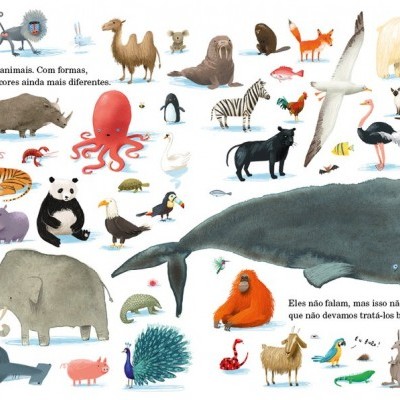 Ilustrações coloridas de vários animais com texto explicativo em português.