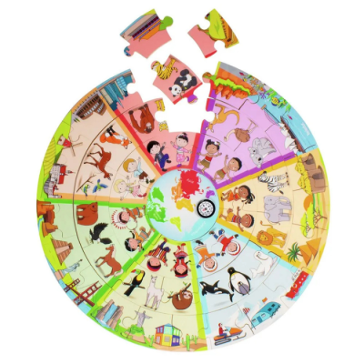 Puzzle circular com crianças e animais de várias partes do mundo e globo no centro
