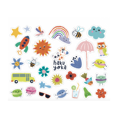Autocolantes coloridos com figuras animadas e o texto 'haku yoka'